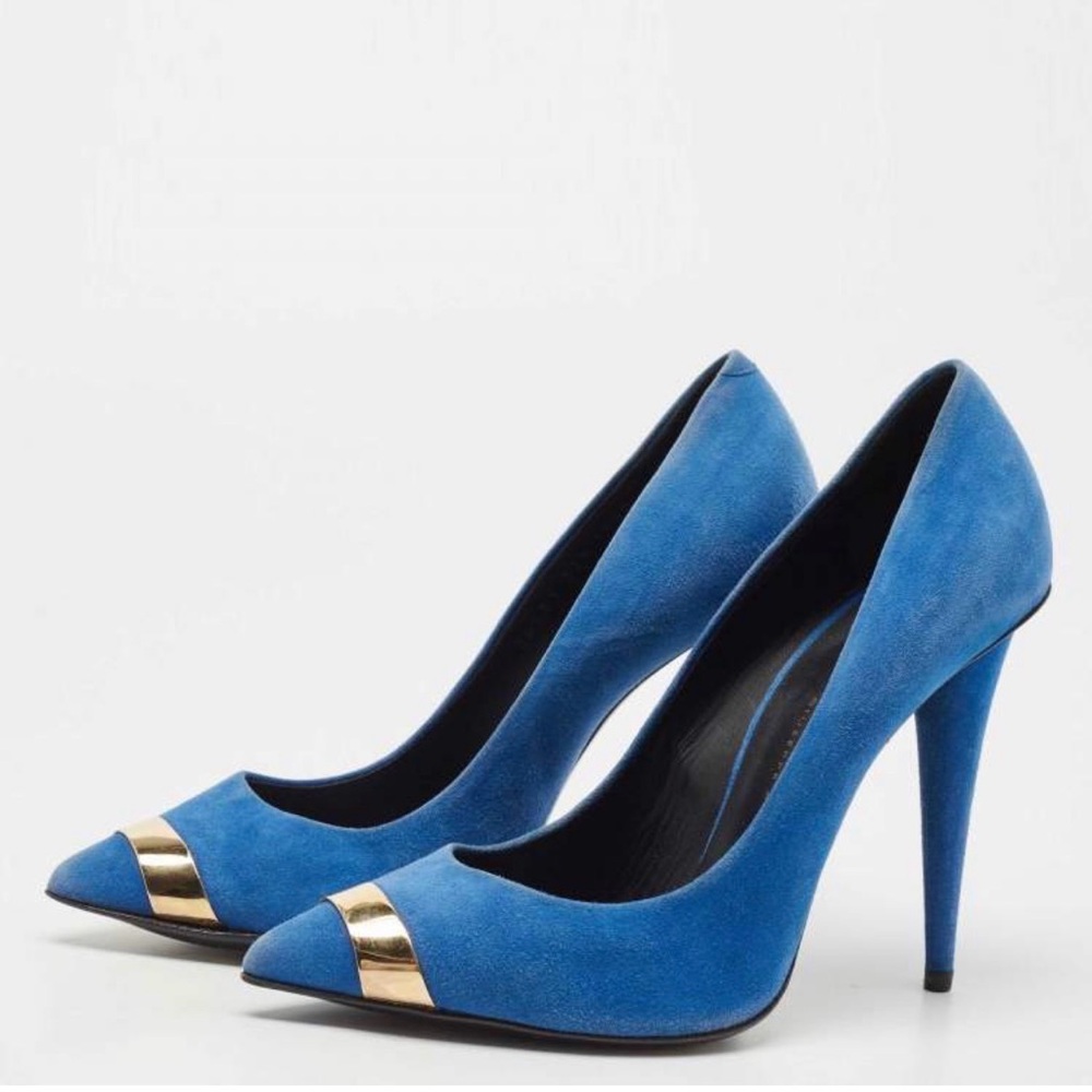 Giuseppe Zanotti Blue Suede Pointed-Toe Pumps with Gold Toe Band size 39